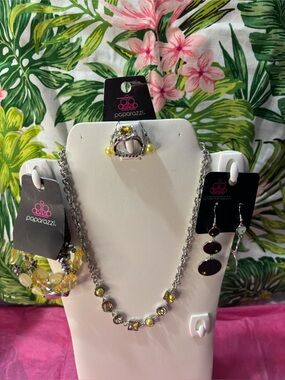 paparazzi Silver Necklace and Earring Set with Yellow Accents